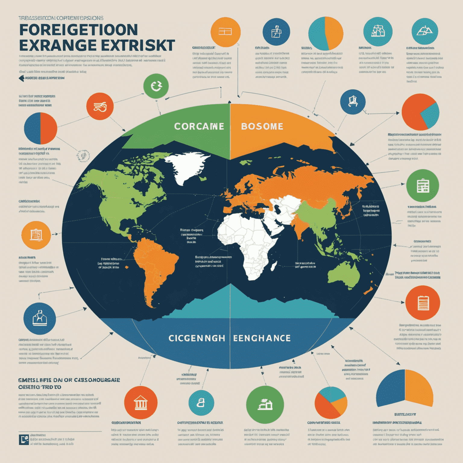 Infographic illustrating various types of foreign exchange risks, including transaction risk, translation risk, and economic risk, and their potential impact on businesses