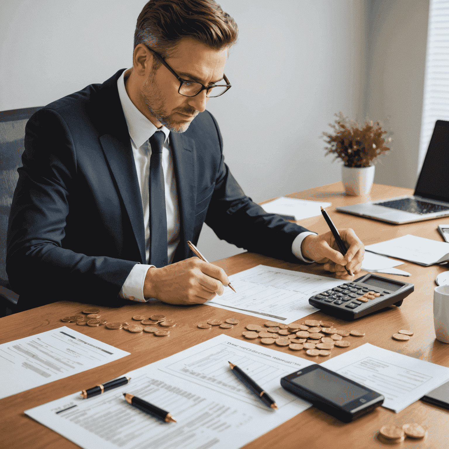 A professional accountant reviewing financial documents and tax forms, with a calculator and gold coins on the desk