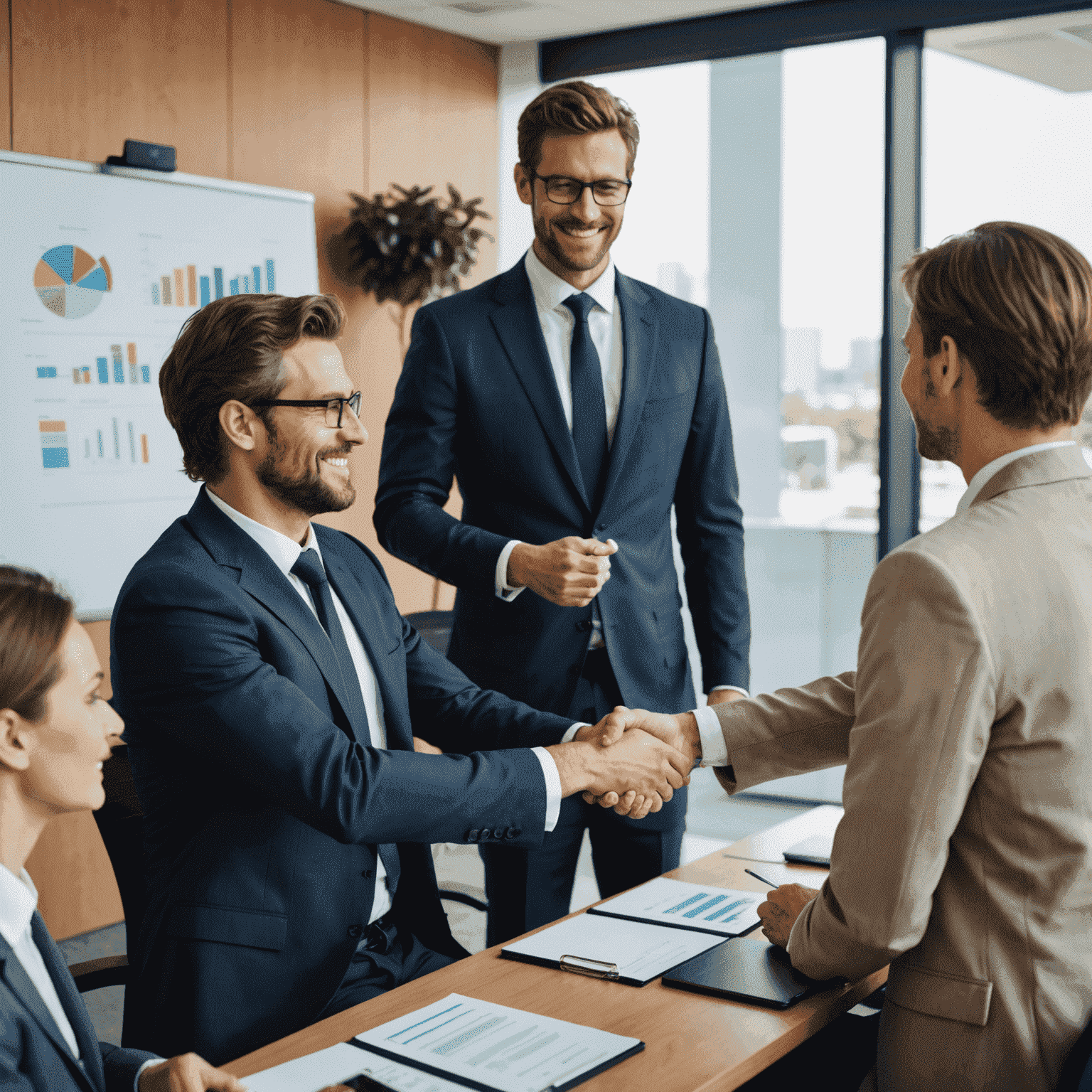 Businesspeople shaking hands in a meeting room, representing a successful alt=