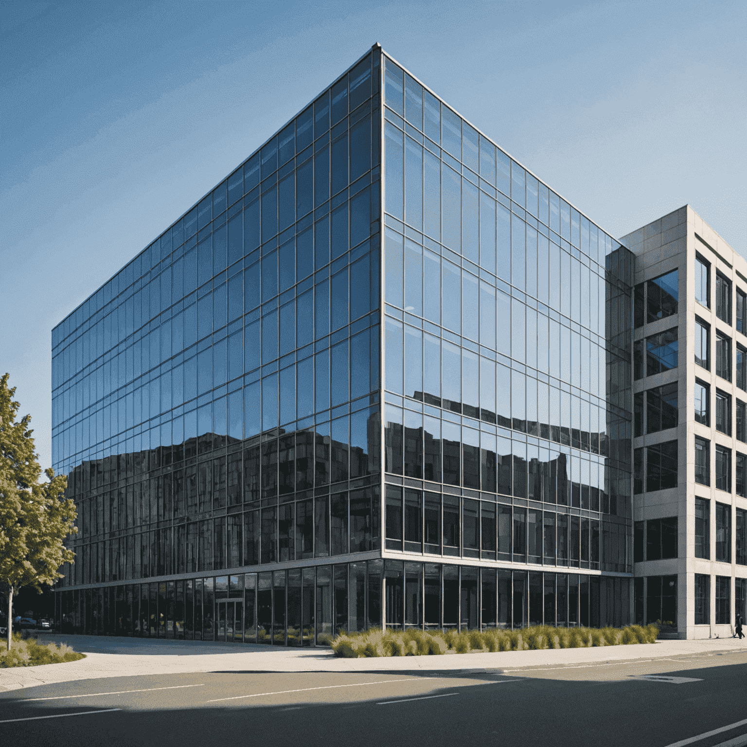 Exterior view of a modern corporate headquarters building with glass facade