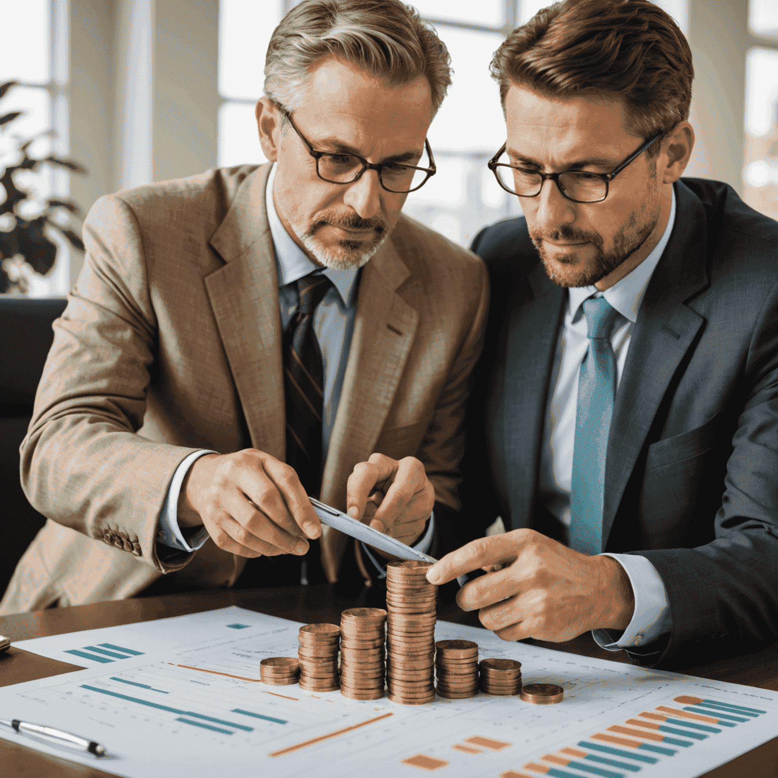 A professional financial advisor discussing a financial plan with a business owner, with gold coins and a growth chart in the background