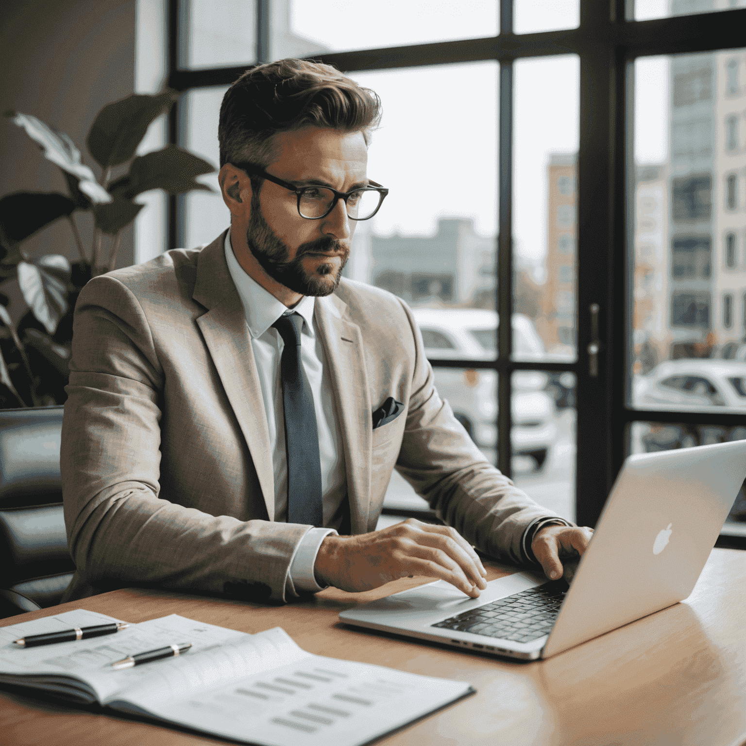 A financial planner working on a laptop, creating a plan for business growth